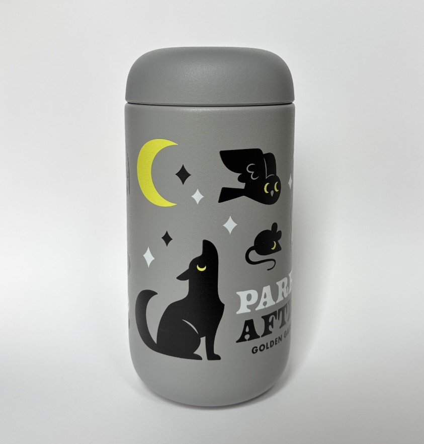 Grey coffee thermos with black, white, and yellow animals, stars and moon, Parks After Dark