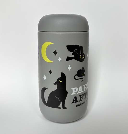 Grey coffee thermos with black, white, and yellow animals, stars and moon, Parks After Dark