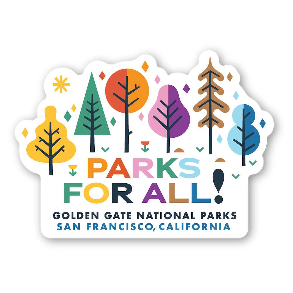 White decal with multicolor illustration of trees and flowers Parks for All by the Golden Gate National Parks Conservancy