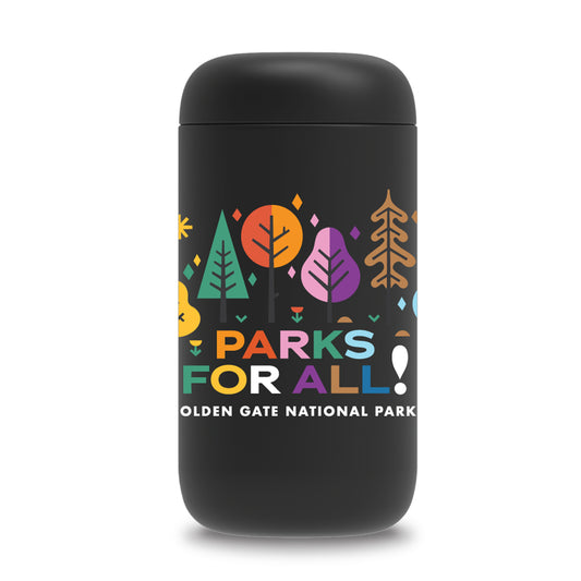 Black travel mug by Fellow with multicolor printed Parks for All design by the Golden Gate National Parks Conservancy