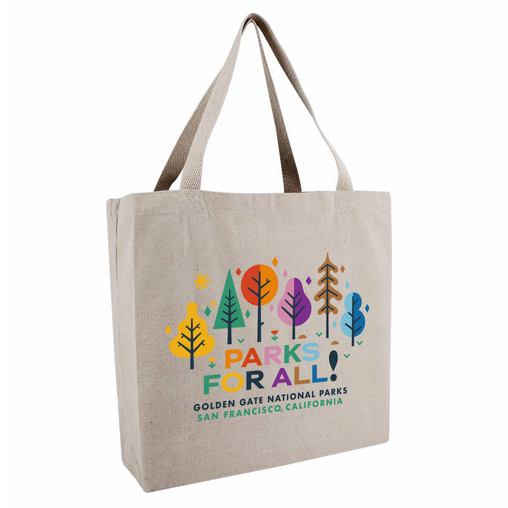 Natural colored cotton tote bag with brightly colored Parks for All Golden Gate National Parks pride artwork with trees and leaves