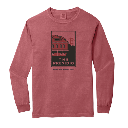 Red long-sleeve shirt with screen-printed 'The Presidio' graphic