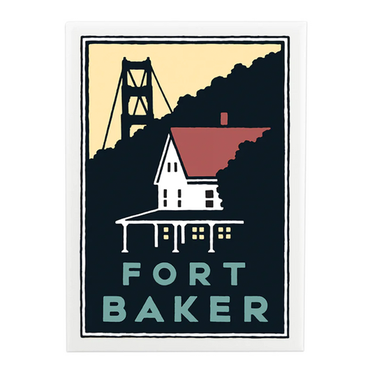 White rectangular magnet with image of Fort Baker by artist Michael Schwab