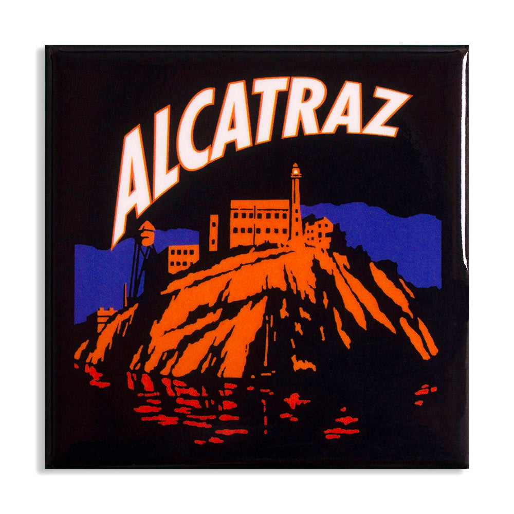 Black square magnet with colorful illustration of Alcatraz Island at night