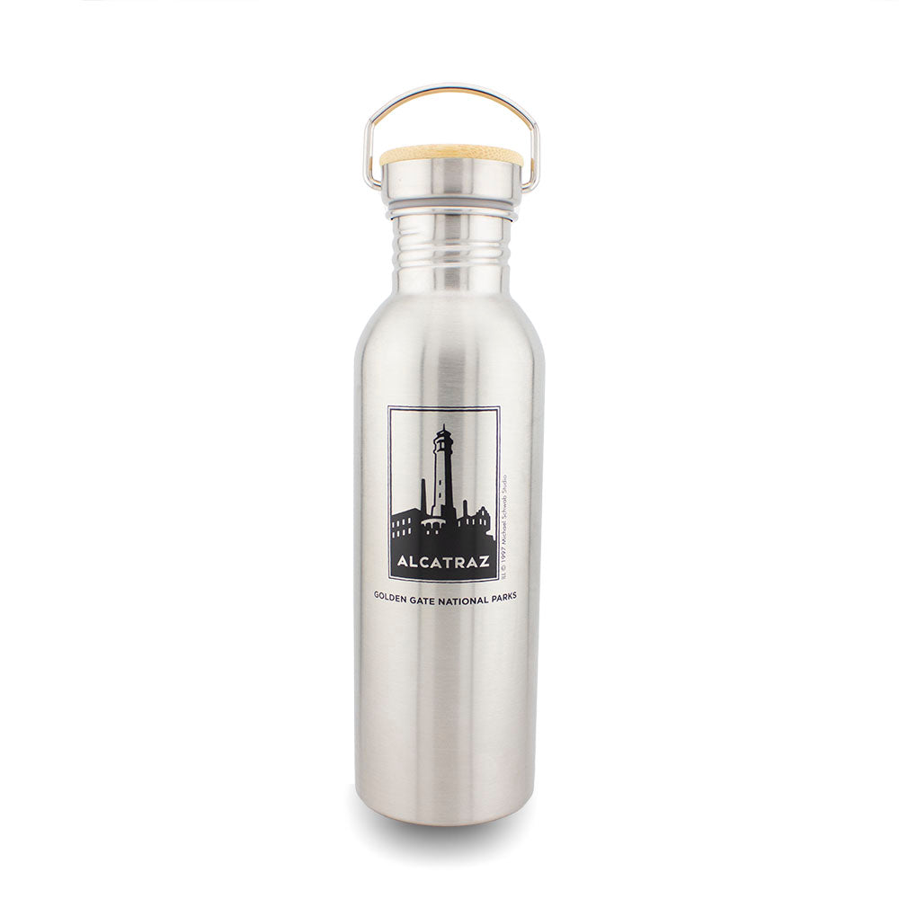 Stainless steel Alcatraz Island water bottle with bamboo lid and art by Michael Schwab, produced by the Golden Gate National Parks Conservancy