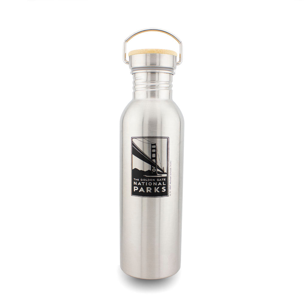 Stainless steel Golden Gate National Parks Bridge water bottle with bamboo lid and art by Michael Schwab, produced by the Golden Gate National Parks Conservancy