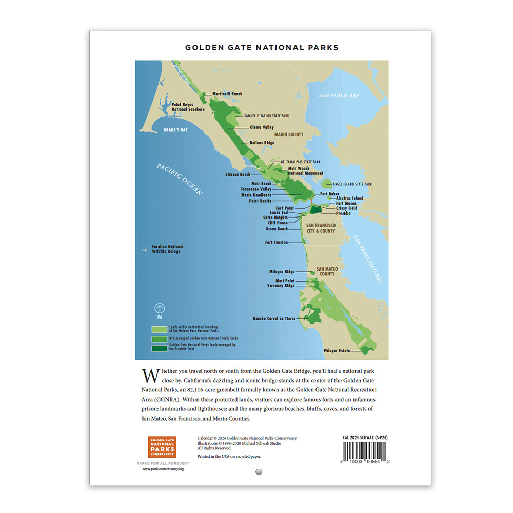 2024 Golden Gate National Parks calendar featuring images by Michael Schwab. Includes Muir Woods, Alcatraz, The Presidio, Ocean Beach, Lands End, etc. Back cover with map of park.