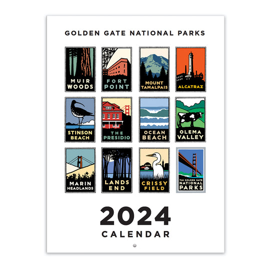 2024 Golden Gate National Parks calendar featuring images by Michael Schwab, front cover. Includes Muir Woods, Alcatraz, The Presidio, Ocean Beach, Lands End, etc.