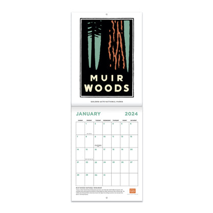 2024 Golden Gate National Parks calendar featuring images by Michael Schwab. Includes Muir Woods, Alcatraz, The Presidio, Ocean Beach, Lands End, etc. Interior view of January Muir Woods page.