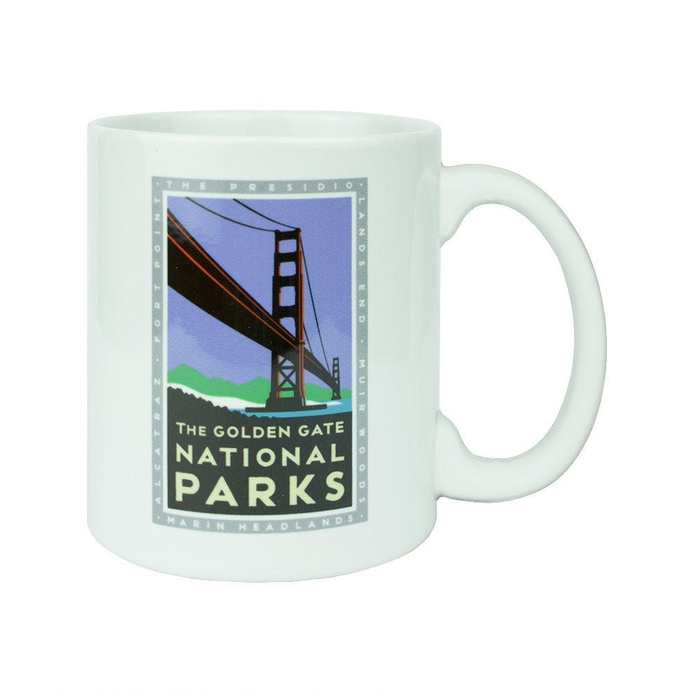 White mug with multicolor Golden Gate National Parks bridge artwork by Michael Schwab