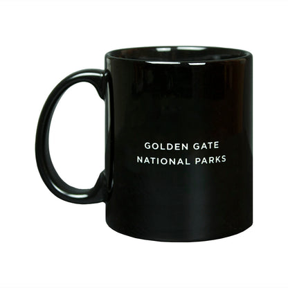 Black Alcatraz mug featuring white text Golden Gate National Parks