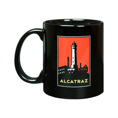 Black Alcatraz mug featuring colorful artwork by Michael Schwab