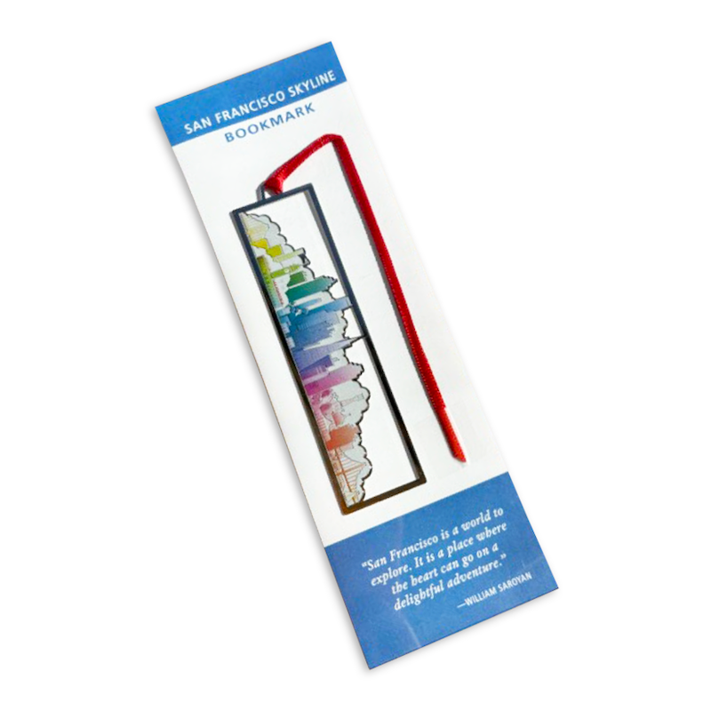 Rainbow colored San Francisco skyline cutout metal bookmark in packaging with blue and white design