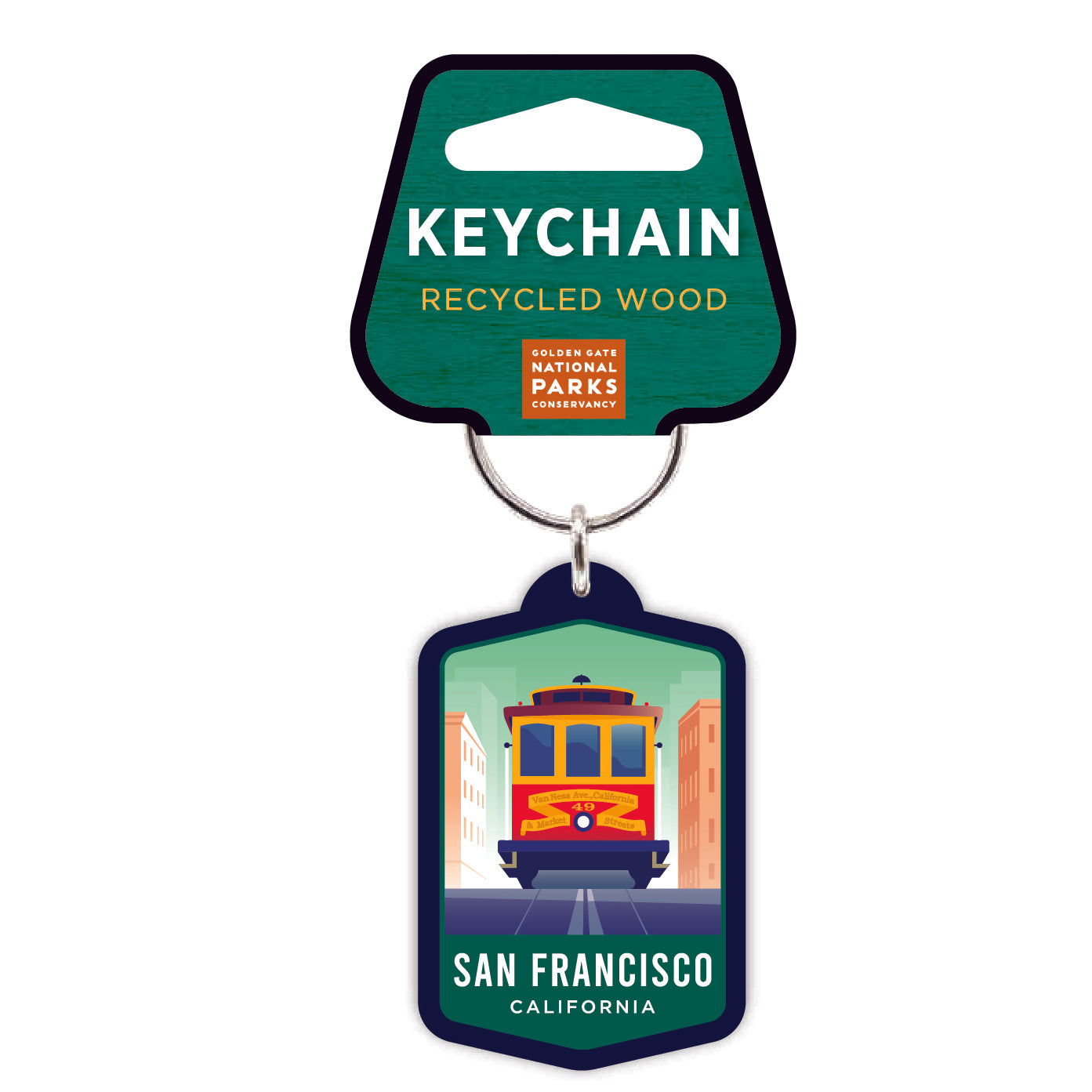 Colorful illustrated San Francisco cable car keychain printed on recycled wood