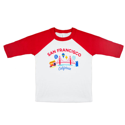 Red and white toddler t-shirt with brightly colored San Francisco illustration on chest