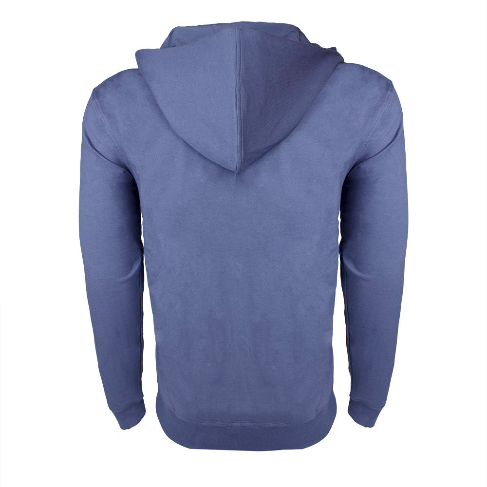 Blue hoodie shown from the back on a white background