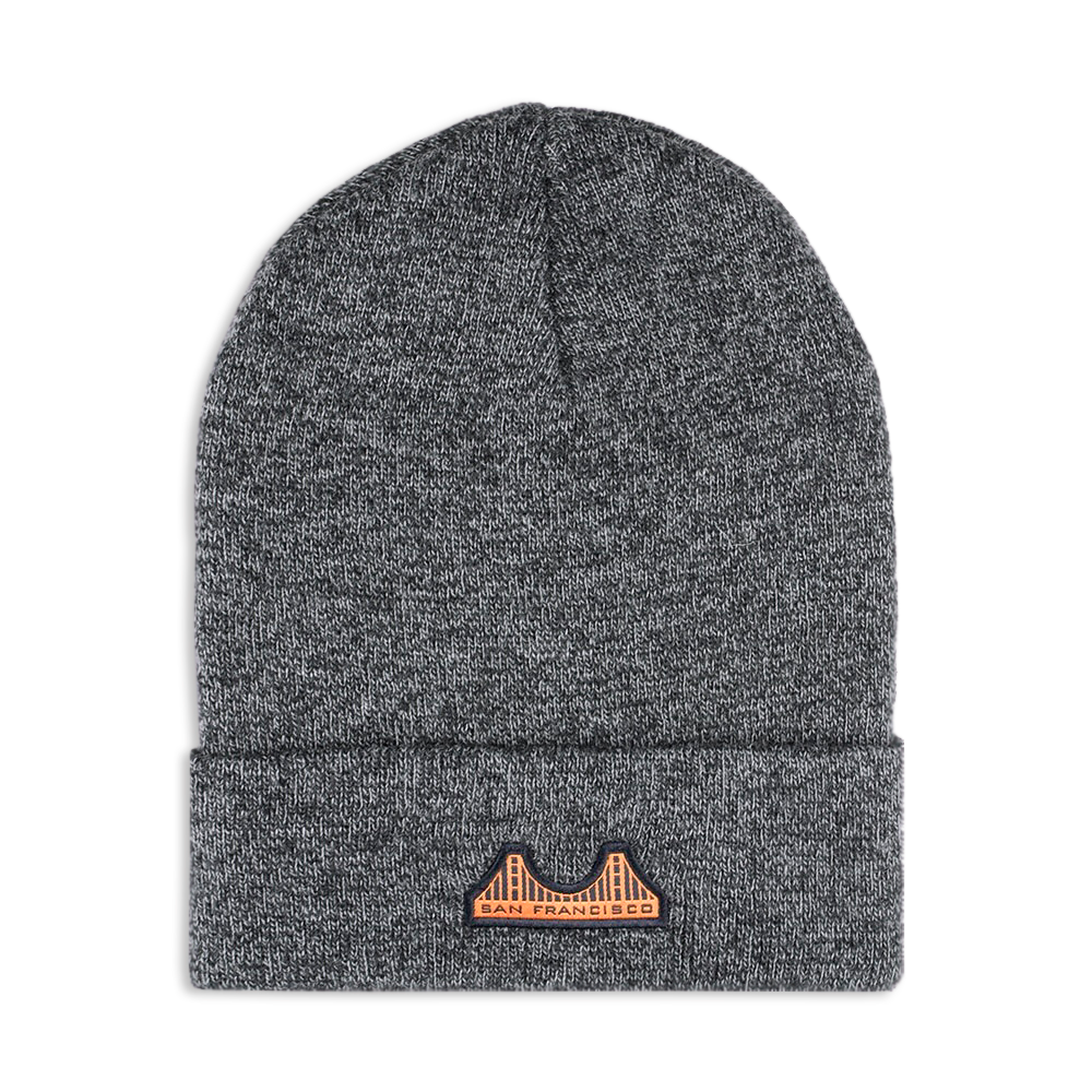 Gray knit beanie with a San Francisco Golden Gate Bridge woven patch