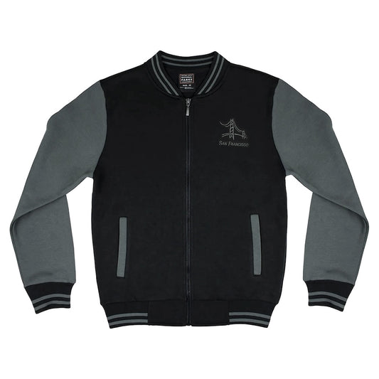 Black varsity style San Francisco jacket with grey sleeves, by the Golden Gate National Parks Conservancy