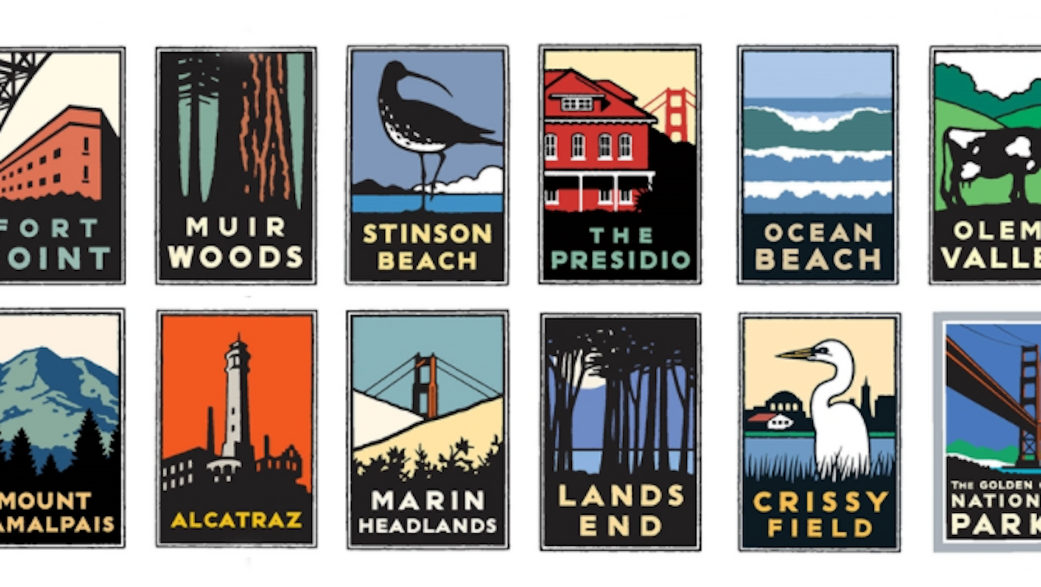 Colorful logos from the Golden Gate National Parks: Alcatraz, Ocean Beach, Crissy Field, etc. Art is by Michael Schwab.