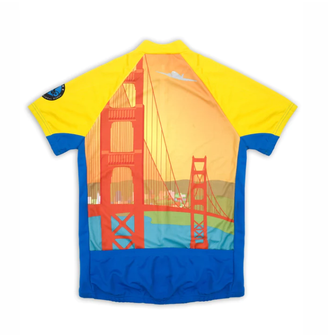 Golden Gate Bridge bike shirt, with brightly colored illustration in blue, orange, yellow, aqua