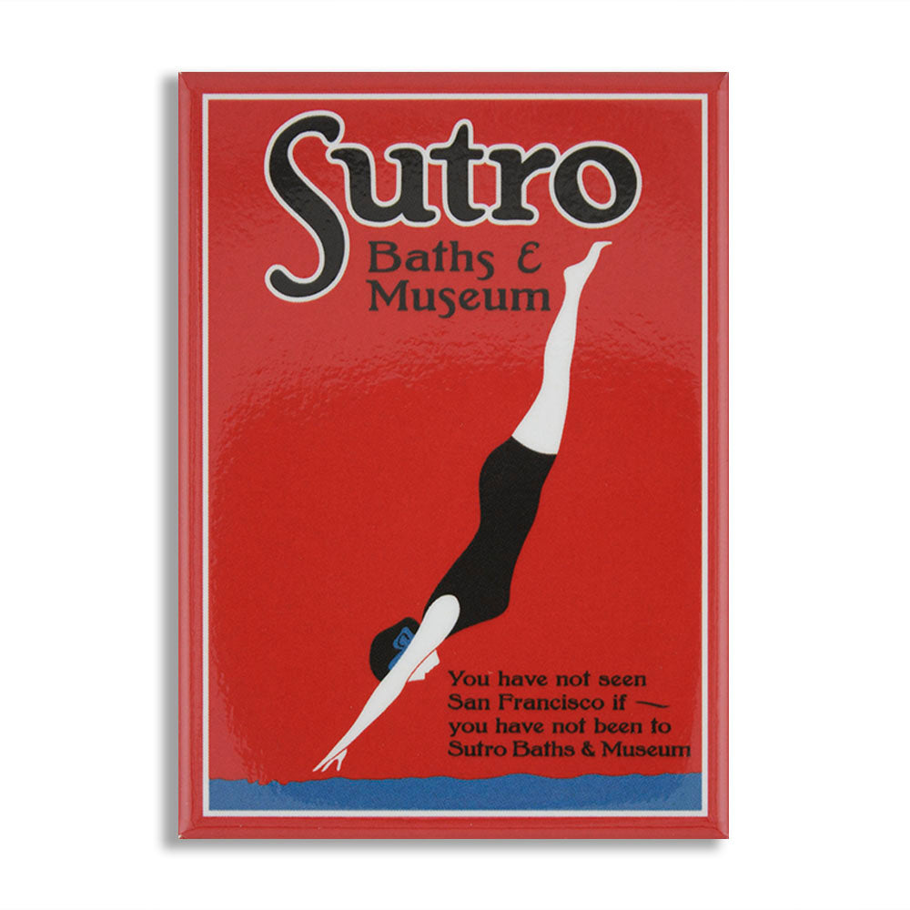 Multicolor souvenir magnet of San Francisco's Sutro Baths, featuring vintage advertisement for baths from early 20th century.