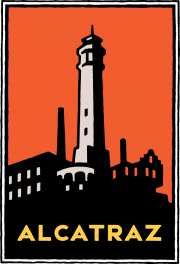 Multicolor rectangular Alcatraz logo with image of lighthouse at center, art by Michael Schwab.