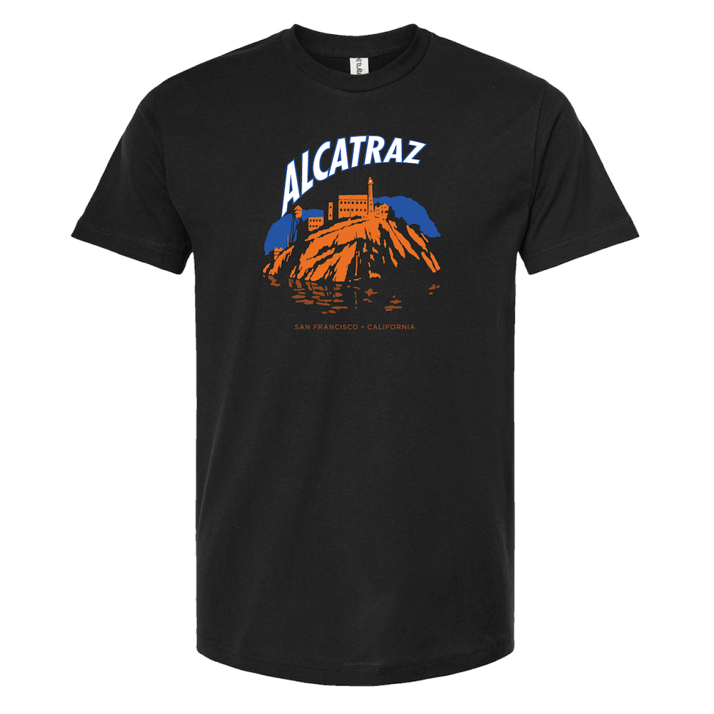 Black t-shirt with colorful screen-printed Alcatraz at night design on chest, made by the Golden Gate National Parks Conservancy