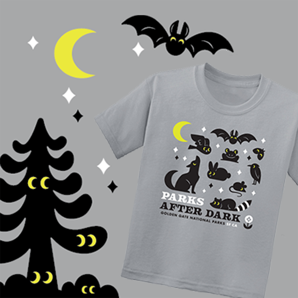 A spooky illustration on gray background with silhouette of tree and bat with yellow eyes, and gray kids Parks After Dark t-shirt with screen-printed design of animals