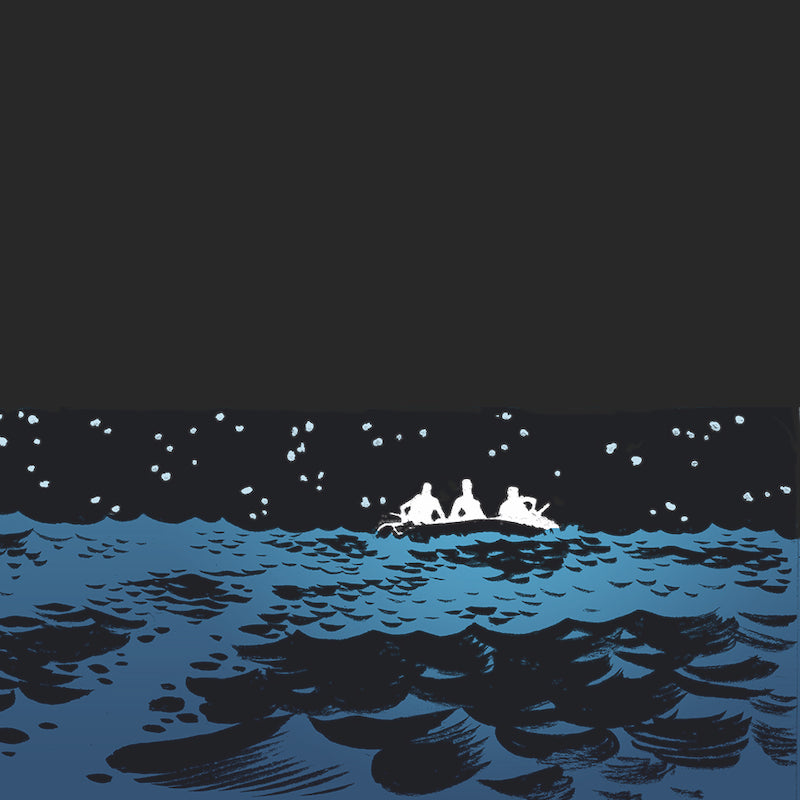 Excerpt of artwork from Escape from Alcatraz Comic Book series published by the Golden Gate National Parks Conservancy, three men in boat silhouetted against a night sky.