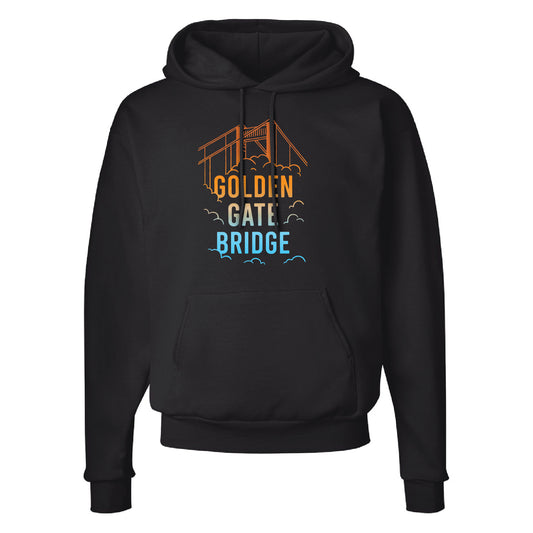 Black sweatshirt with colorful gradient design on chest, Golden Gate Bridge text with foggy bridge design