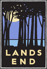 Multicolor rectangular Lands End logo with image of moonlit cypress trees at center, art by Michael Schwab.