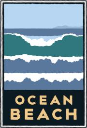 Rectangular Ocean Beach logo, art by Michael Schwab.