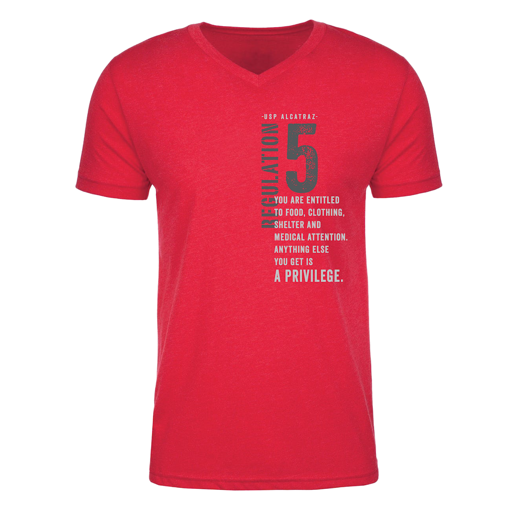 Red t-shirt with Alcatraz Regulation 5 screen printed design on chest, produced by the Golden Gate National Parks Conservancy