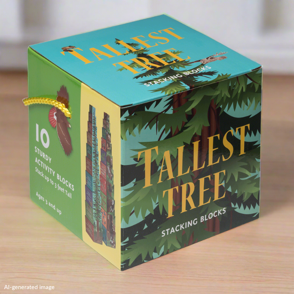 Tallest Tree illustrated stacking blocks on wooden table