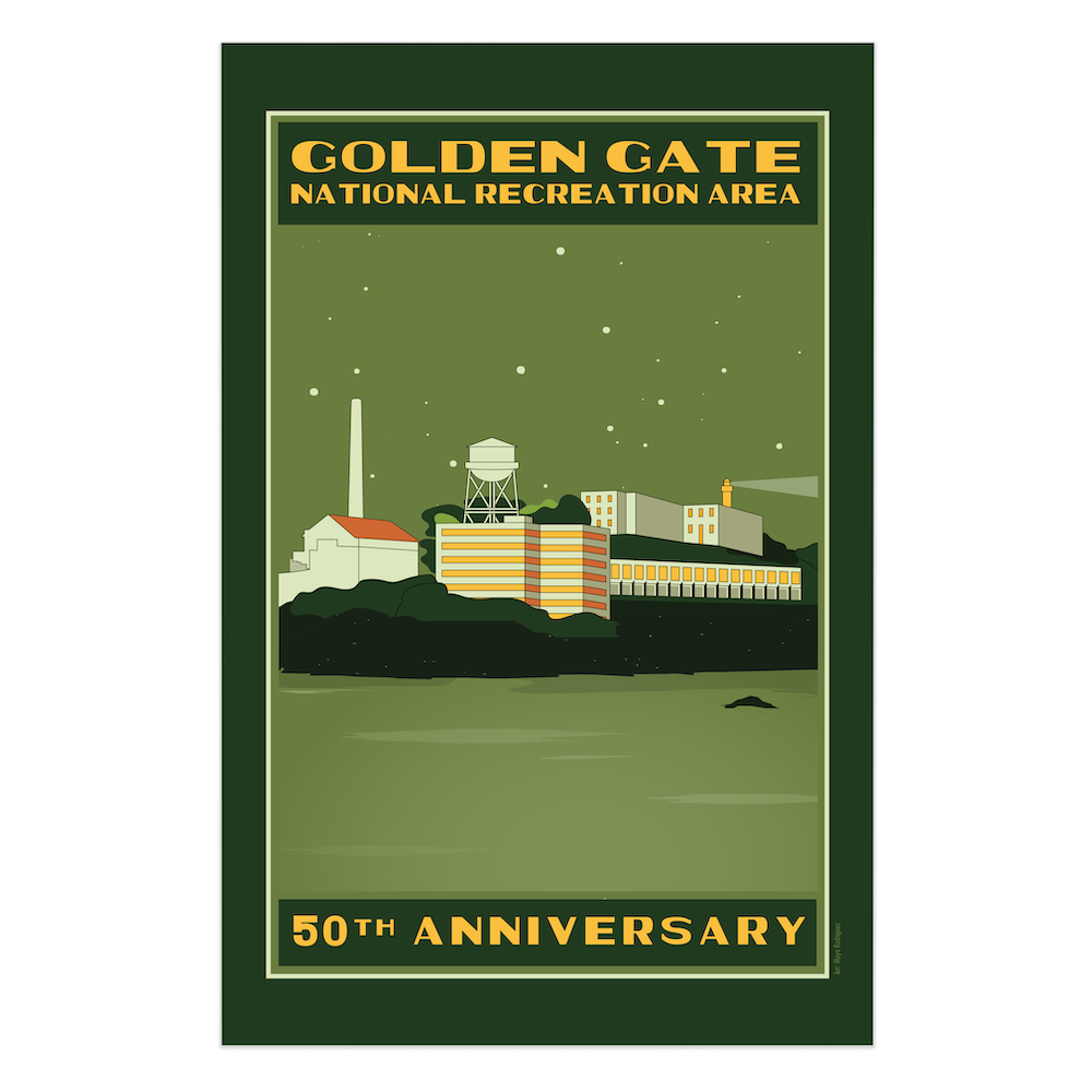 Colorful 11 x 17 commemorative 50th anniversary poster for Golden Gate National Recreation Area with illustration of Alcatraz Island