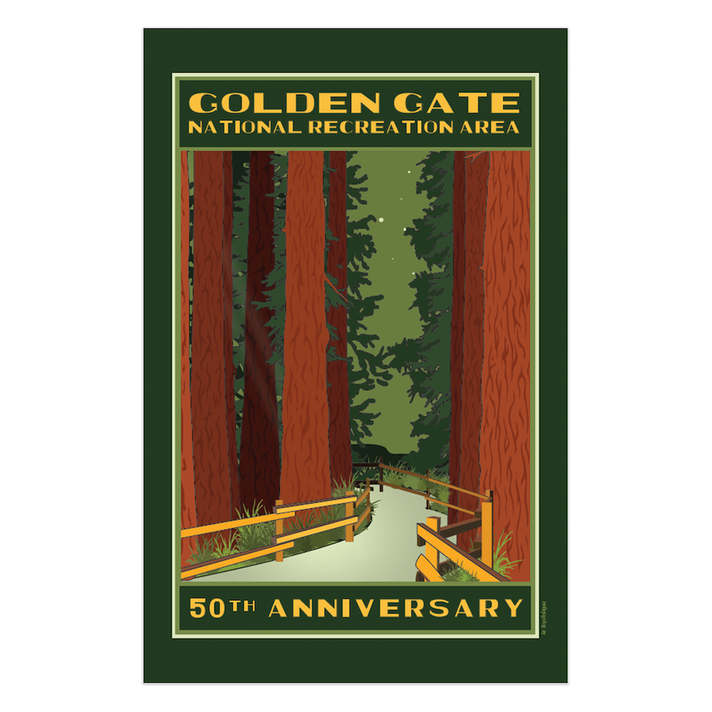 Colorful 11 x 17 commemorative 50th anniversary poster for Golden Gate National Recreation Area with illustration of Muir Woods