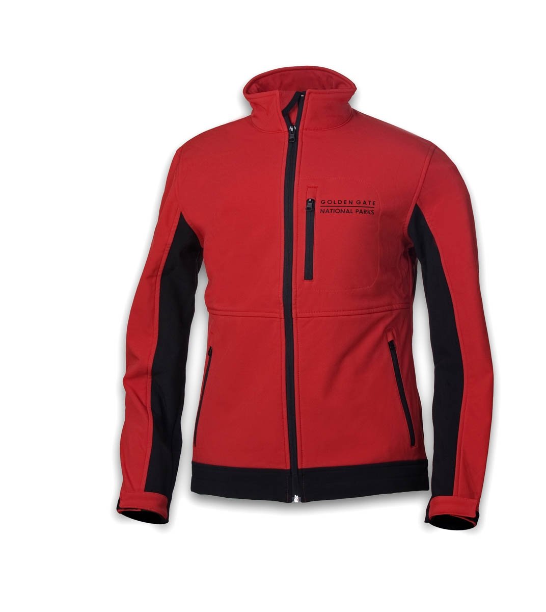 Red softshell jacket with black accents and black embroidered Golden Gate National Parks text on left breast.