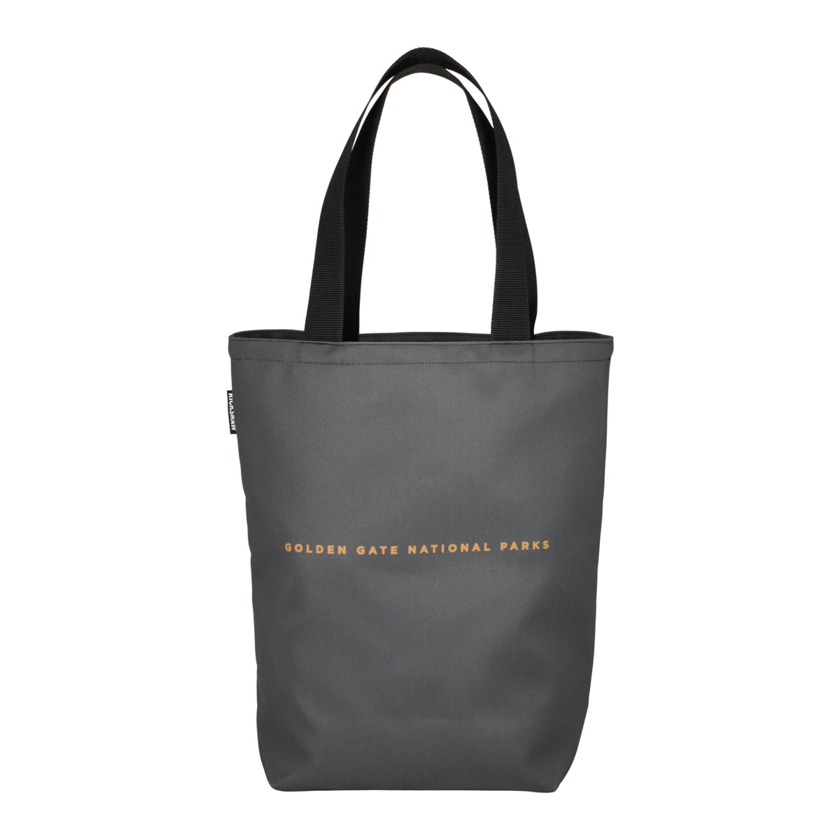 Grey tote bag with black handles, orange text “Golden Gate National Parks” printed at center.