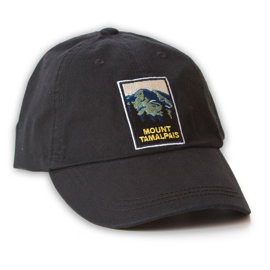 Black baseball cap with embroidered patch depicting Mount Tamalpais on front panel. Artwork by Michael Schwab.