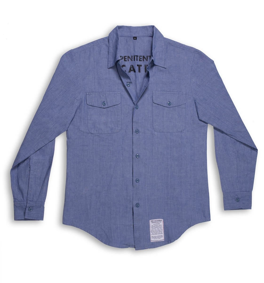 Replica US Penitentiary Alcatraz blue chambray inmate shirt.