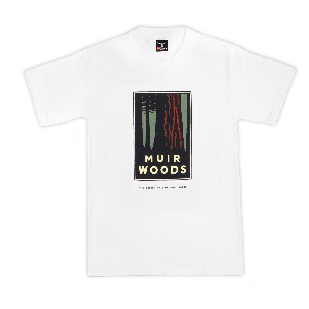 White graphic t-shirt with colorful screen-printed design of Muir Woods on chest. Artwork by Michael Schwab.