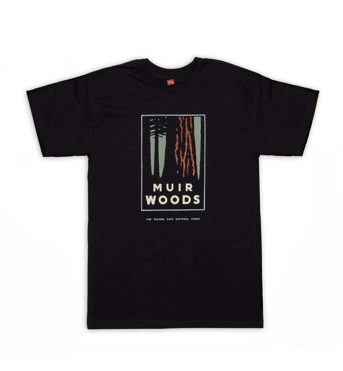 Black graphic t-shirt with colorful screen-printed design of Muir Woods on chest. Artwork by Michael Schwab.