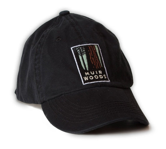 Black baseball cap with colorful embroidered Muir Woods logo on front panels. Artwork by Michael Schwab.