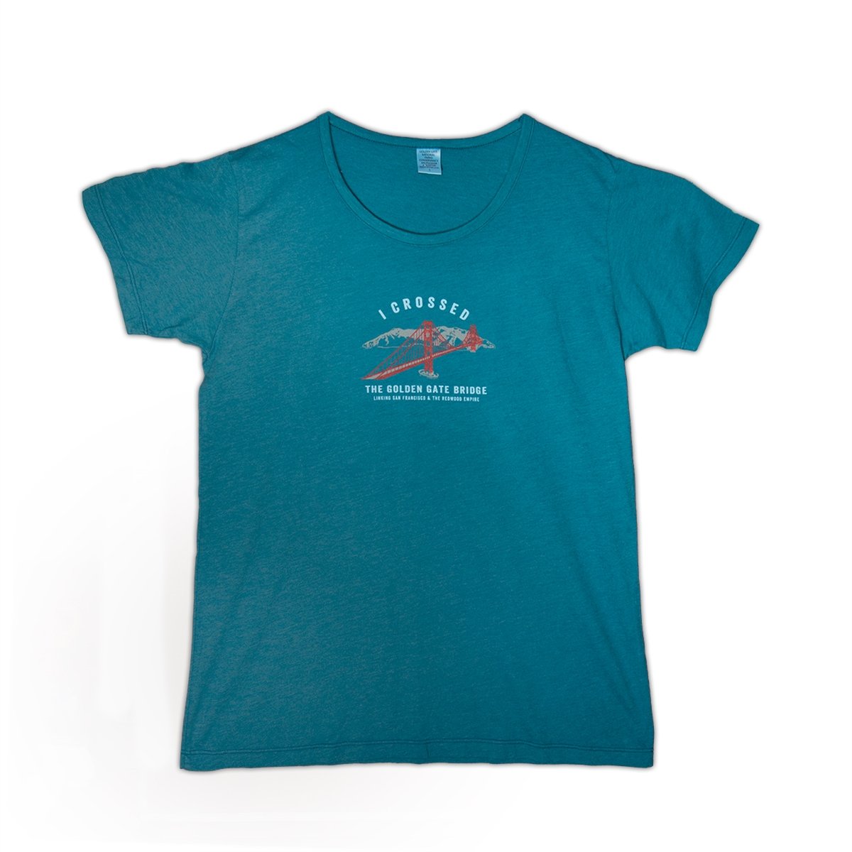 Blue women's t-shirt with red, white, and grey I Crossed the Golden Gate Bridge screen-printed design on chest.