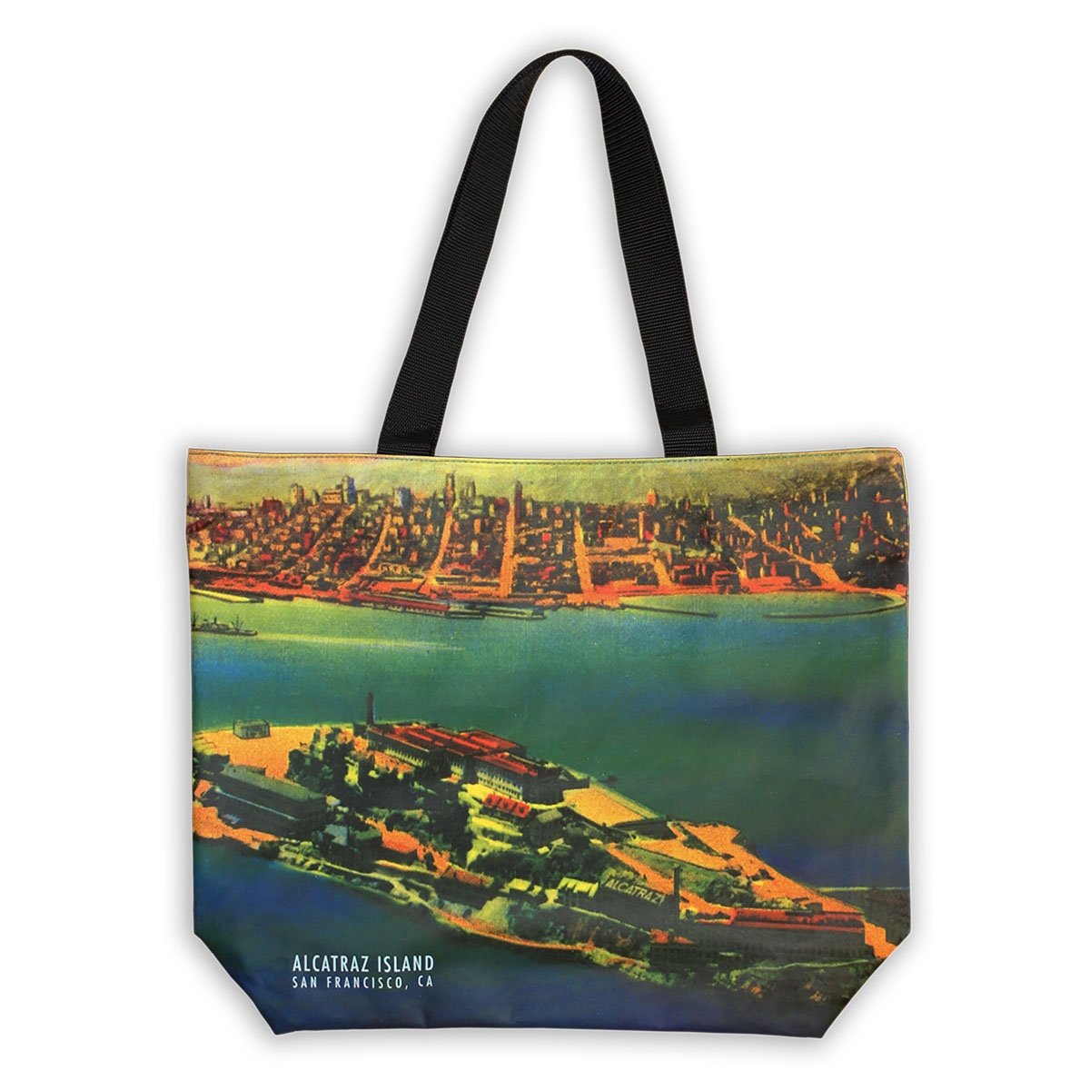 Colorful vintage-inspired tote bag featuring aerial view of Alcatraz Island.