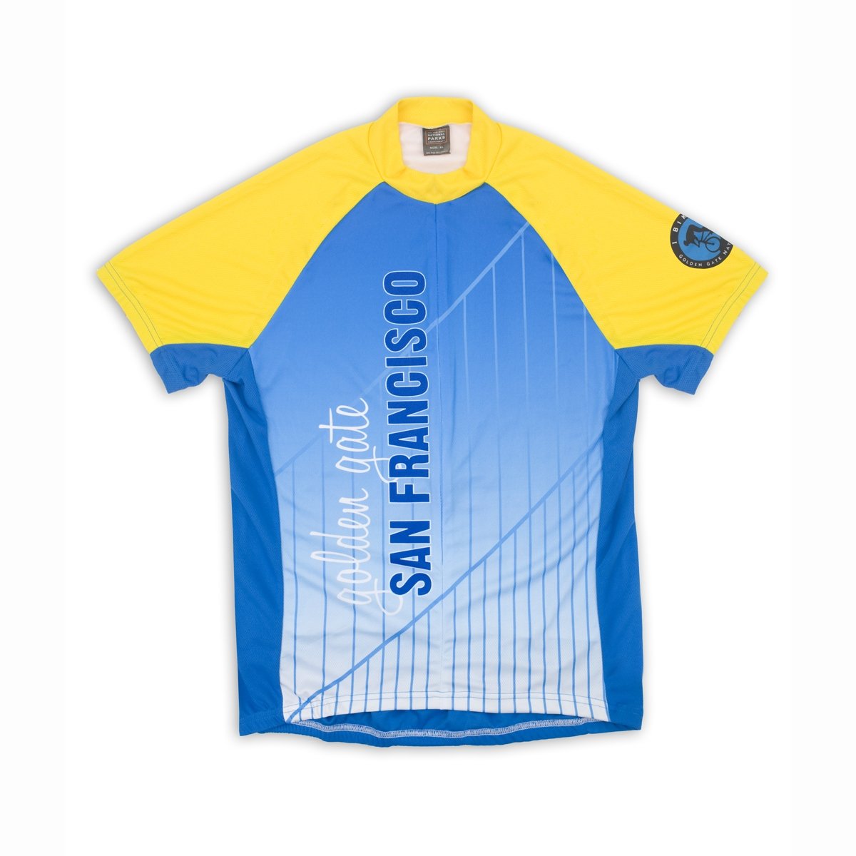 Colorful short-sleeved bike shirt with stylized designs of the Golden Gate Bridge and San Francisco on torso.