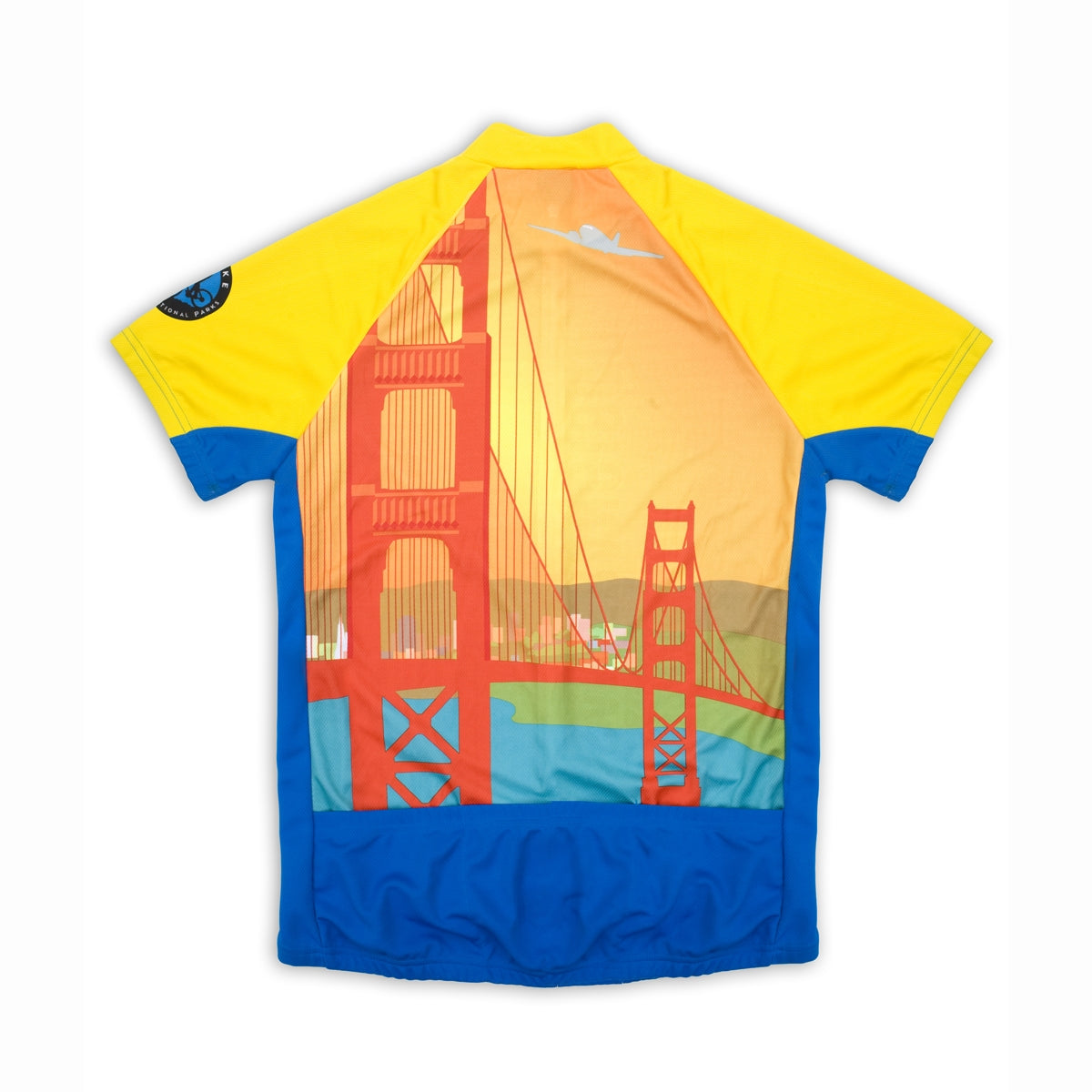 Colorful short-sleeved bike shirt with stylized designs of the Golden Gate Bridge and San Francisco on torso.