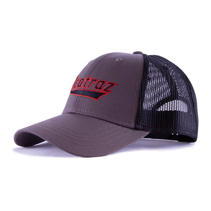 Grey and black mesh trucker cap with red and black embroidered Alcatraz logo on front panels.