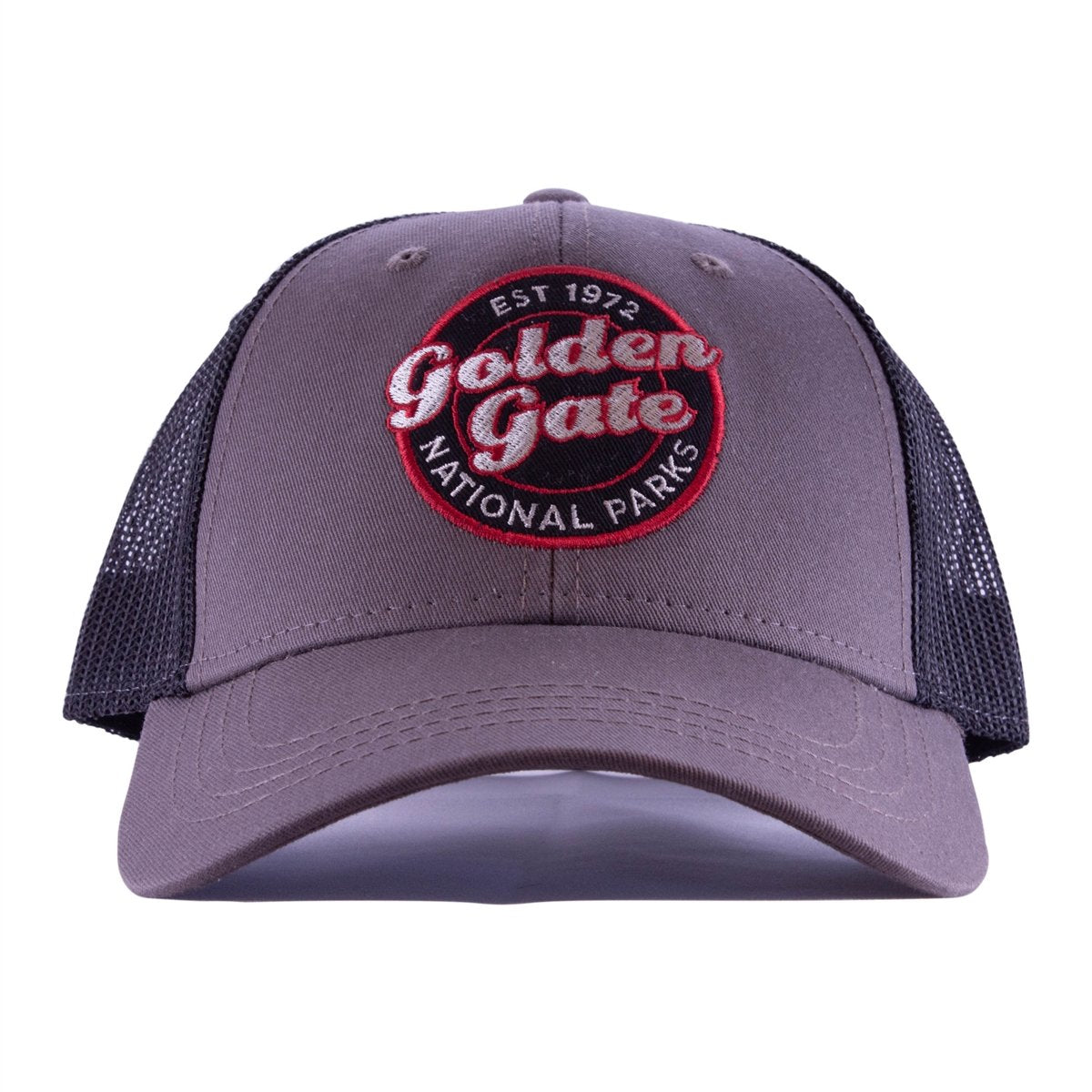 Grey and black mesh trucker cap with red, white, and black embroidered Golden Gate National Parks logo on front panels.