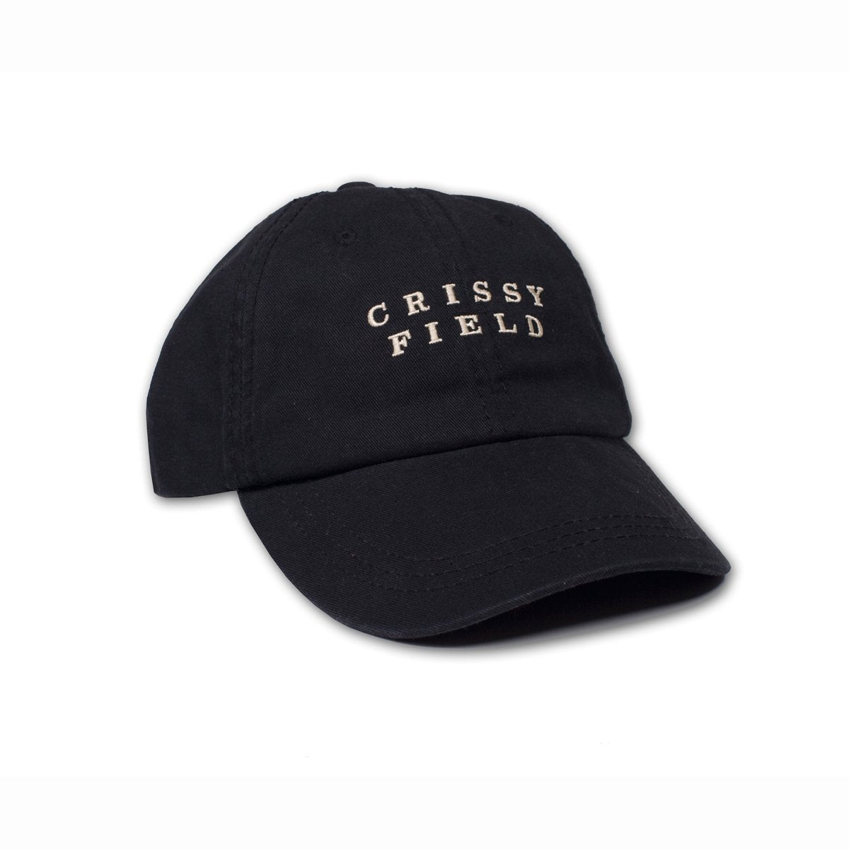 Black baseball cap with white embroidered Crissy Field text on front panels.